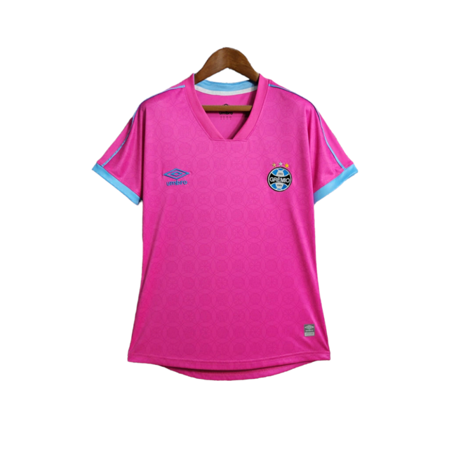 Camisa Grêmio Edição especial Outubro rosa 23/24 - Torcedor Umbro Feminina - Rosa com detalhes em azul