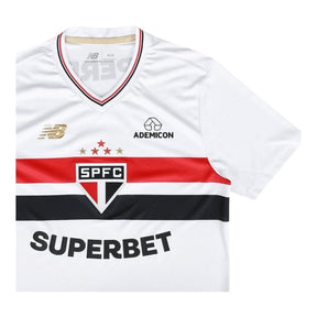 Camisa São Paulo I 25/26 - Torcedor New Balance Masculina - Branca com detalhes em vermelho e preto