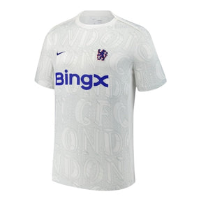 Camisa Chelsea Pré-jogo 25/26 - Torcedor Nike Masculina - Branca com detalhes em cinza