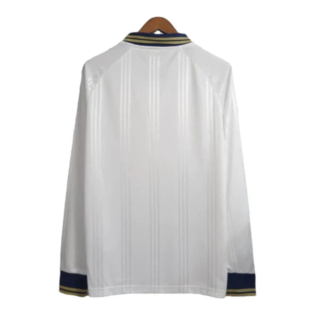 Camisa Retrô Real Madrid Treino 2019/2020 manga longa - Adidas Masculina - Branca com detalhes em azul e dourado