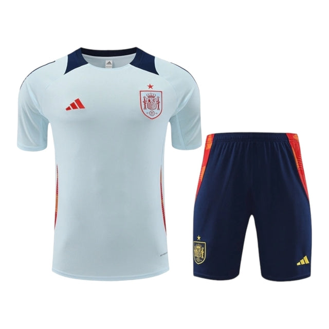 Kit Treino adulto - Camisa e Shorts - Seleção Espanha Adidas 24/25 - Azul com detalhes em vermelho e laranja