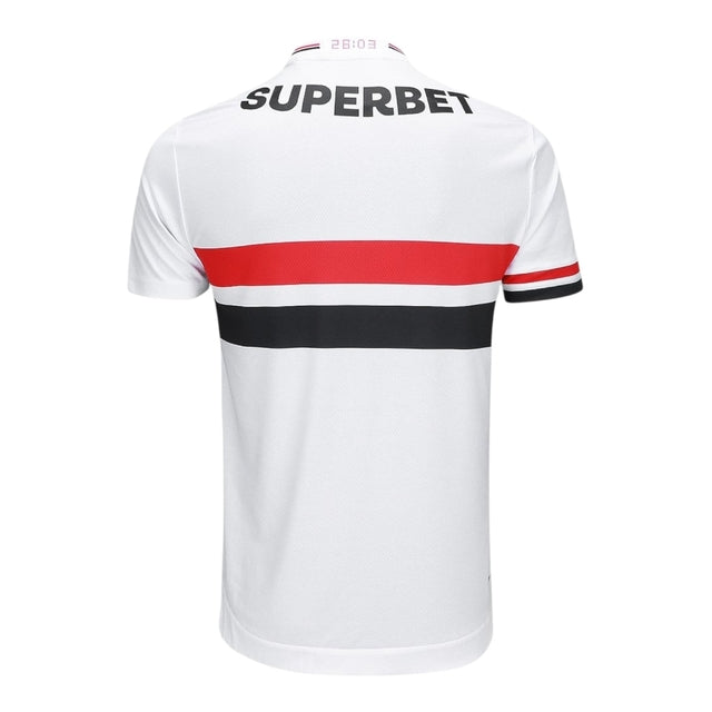 Camisa São Paulo I 25/26 - Torcedor New Balance Masculina - Branca com detalhes em vermelho e preto