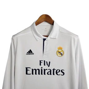 Camisa Retrô Real Madrid I 16/17 manga longa - Masculina Adidas - Branca com detalhes em azul