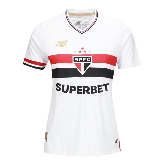Camisa São Paulo I 25/26 - Torcedor New Balance Feminina - Branca com detalhes em vermelho e preto