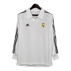 Camisa Retrô Real Madrid I 2002 manga longa - Masculina Adidas - Branca com listras pretas