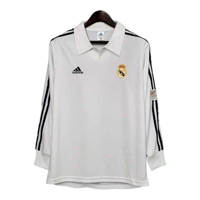 Camisa Retrô Real Madrid I 2002 manga longa - Masculina Adidas - Branca com listras pretas