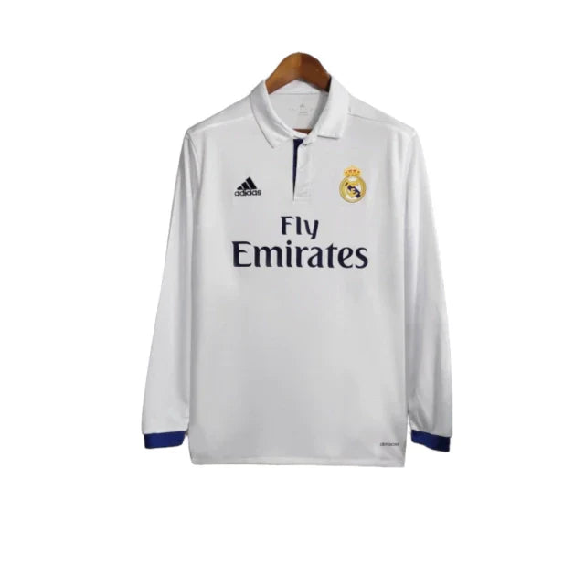 Camisa Retrô Real Madrid I 16/17 manga longa - Masculina Adidas - Branca com detalhes em azul
