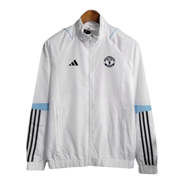 Jaqueta Corta-Vento Manchester United 23/24 - Masculina Adidas - Branca com detalhes em azul e preto